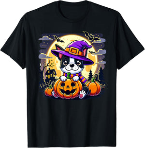 Halloween Boston Terrier Dog Breed With Jack O' Lantern Art Women Kids T-Shirt - T-Shirt | Black