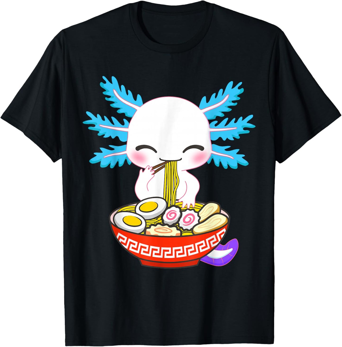 Fox Brother Kawaii Axolotl Eating Ramen Noodles Anime - -Kids/Adults, Black, Small, Short Sleeve T-Shirt - T-Shirt | Black