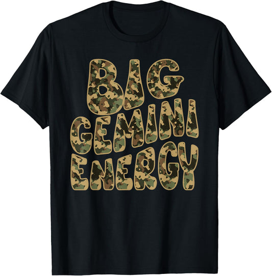 Gemini Camouflage King Camo Men Women Big Gemini Energy T-Shirt - T-Shirt | Black