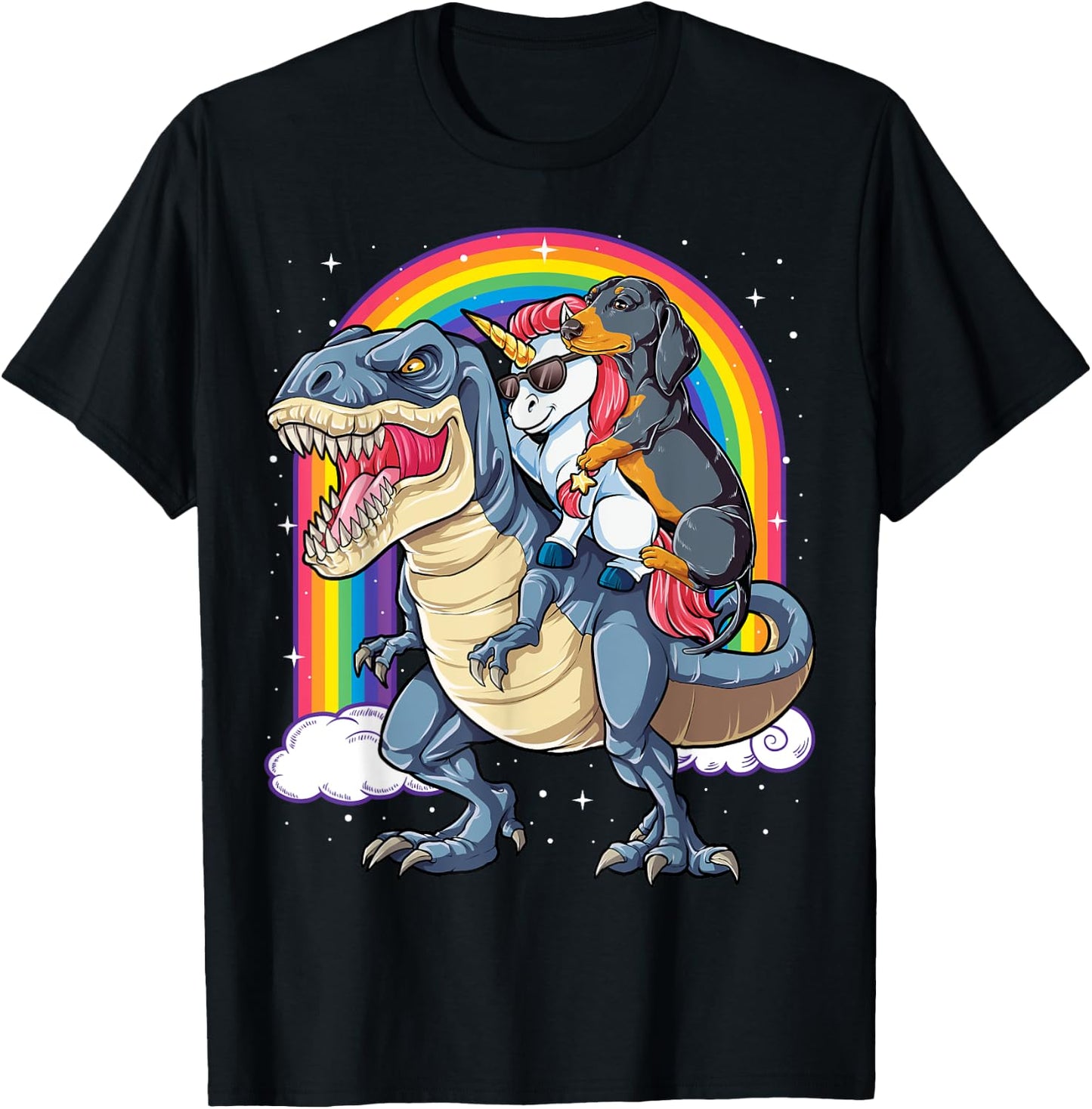 Dachshund Unicorn Riding Dinosaur T-rex Gifts Women Rainbow T-Shirt - T-Shirt | Black