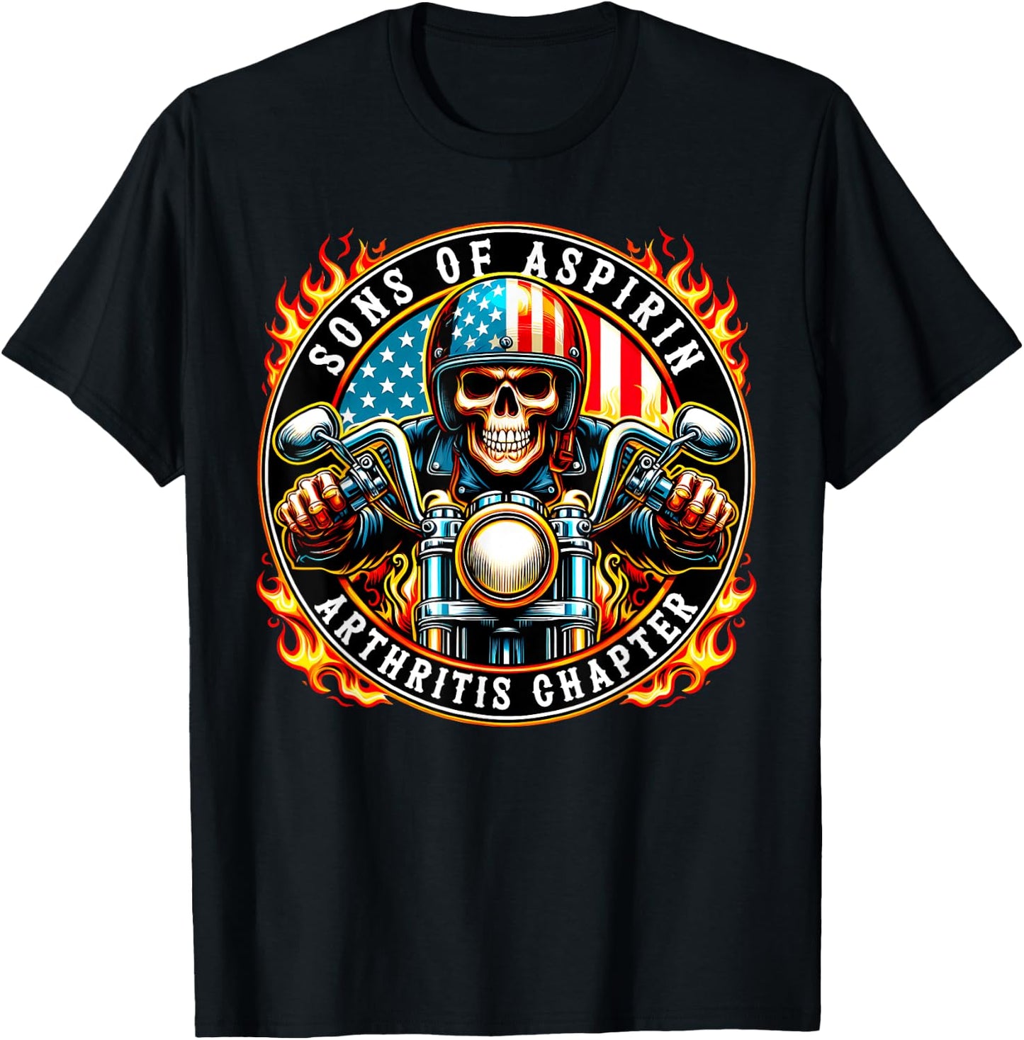 Sons of Aspirin Arthritis Chapter Skeleton Biker Motorcycle T-Shirt - T-Shirt | Black