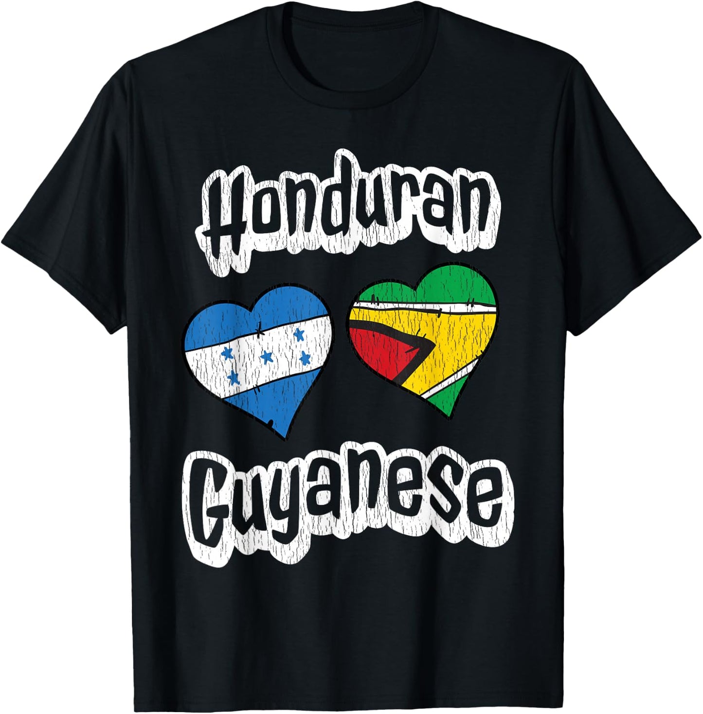 Honduran Guyanese Flag Heart Combo Distressed T-Shirt - T-Shirt | Black