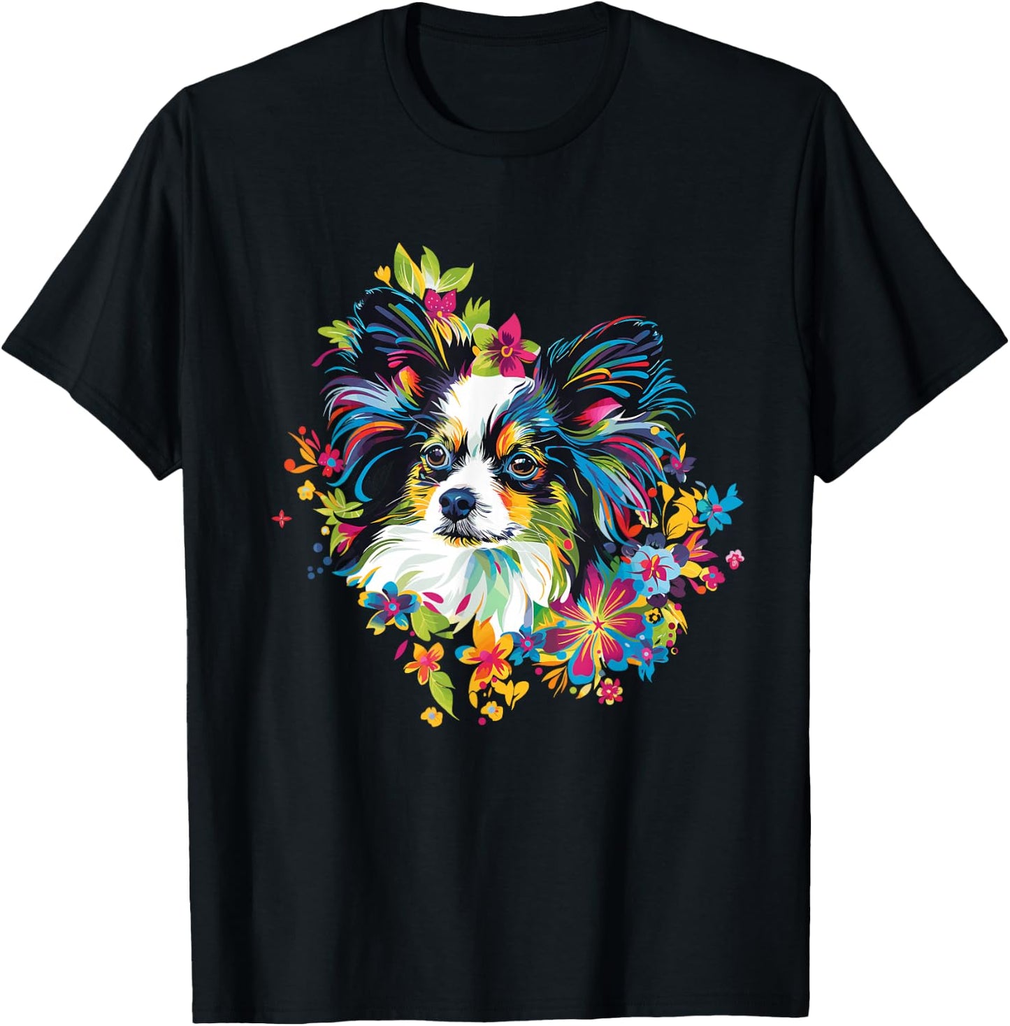 Artful Papillon Designs Floral Pop Art Papillon - -Adults & -Kids - Black - Small - Short Sleeve - Classic Fit - Round Neck T-Shirt - T-Shirt | Black