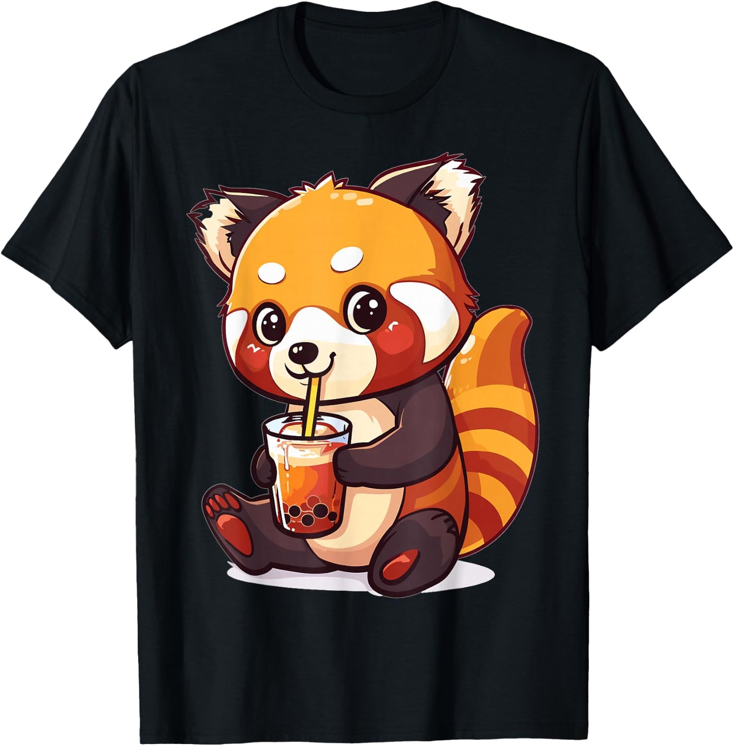 Kawaii Red Panda Drinking Bubble Tea Boba Anime Cute Graphic T-Shirt - T-Shirt | Black