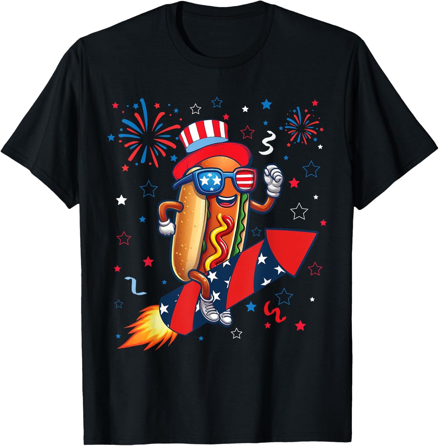 Hotdog 4th Of July Patriotic Rocket and Fireworks USA Flag for Kids Men T-Shirt - T-Shirt | Black
