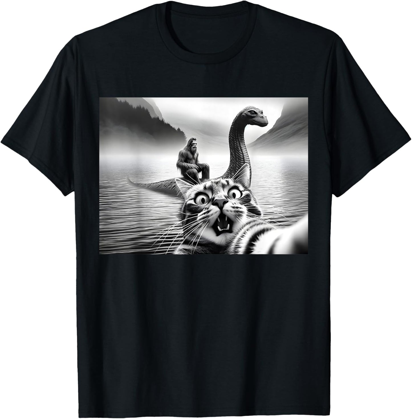Bigfoot Riding Loch Ness Monster Surprised Scared Cat Selfie Women Girls Kids T-Shirt - T-Shirt | Black