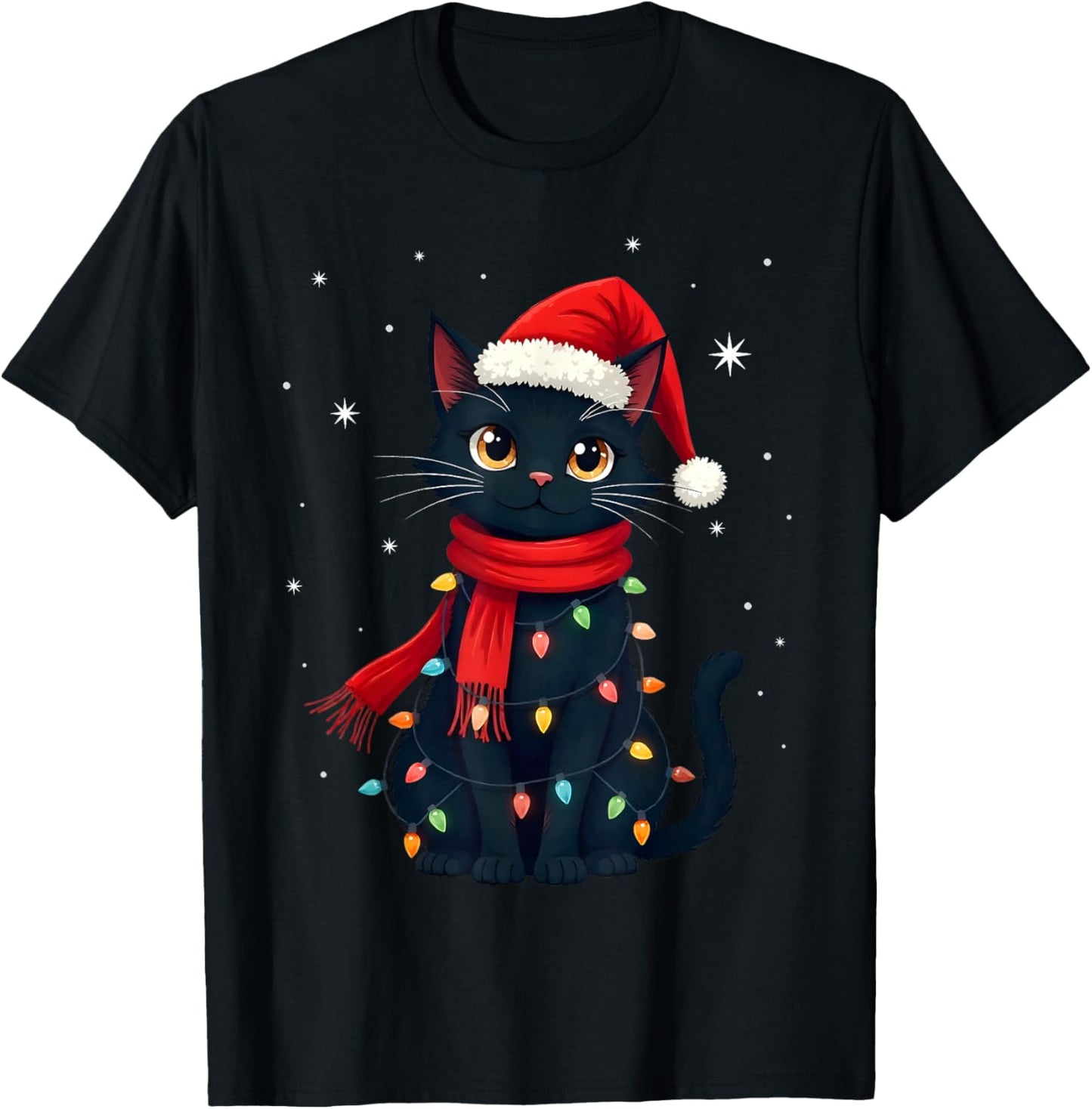 Black Cat Christmas Lights Cats Lover Xmas T-Shirt - T-Shirt | Black