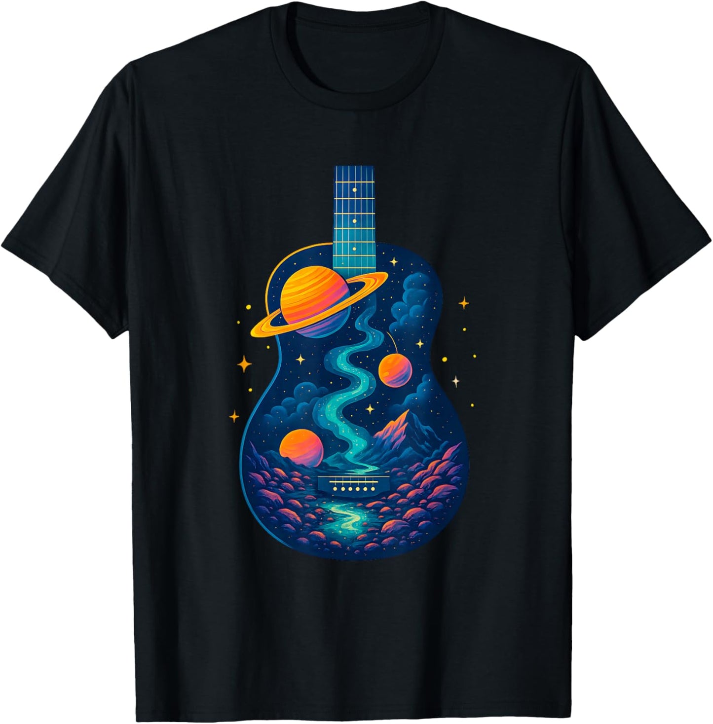 Guitar Space Reflections Galaxy and Planets Guitarist Band T-Shirt - T-Shirt | Black