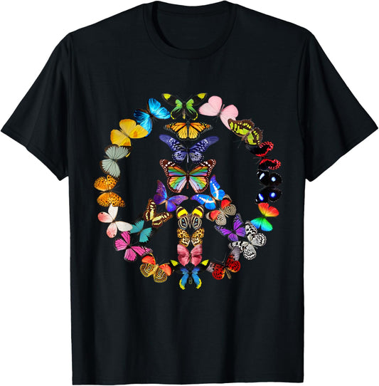 Peace Sign Butterflies 60s Retro Design World T-Shirt - T-Shirt | Black