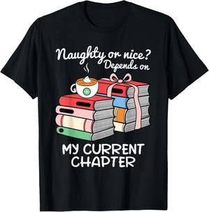 Funny Christmas Book Lovers Naughty or Nice T-Shirt - T-Shirt | Black
