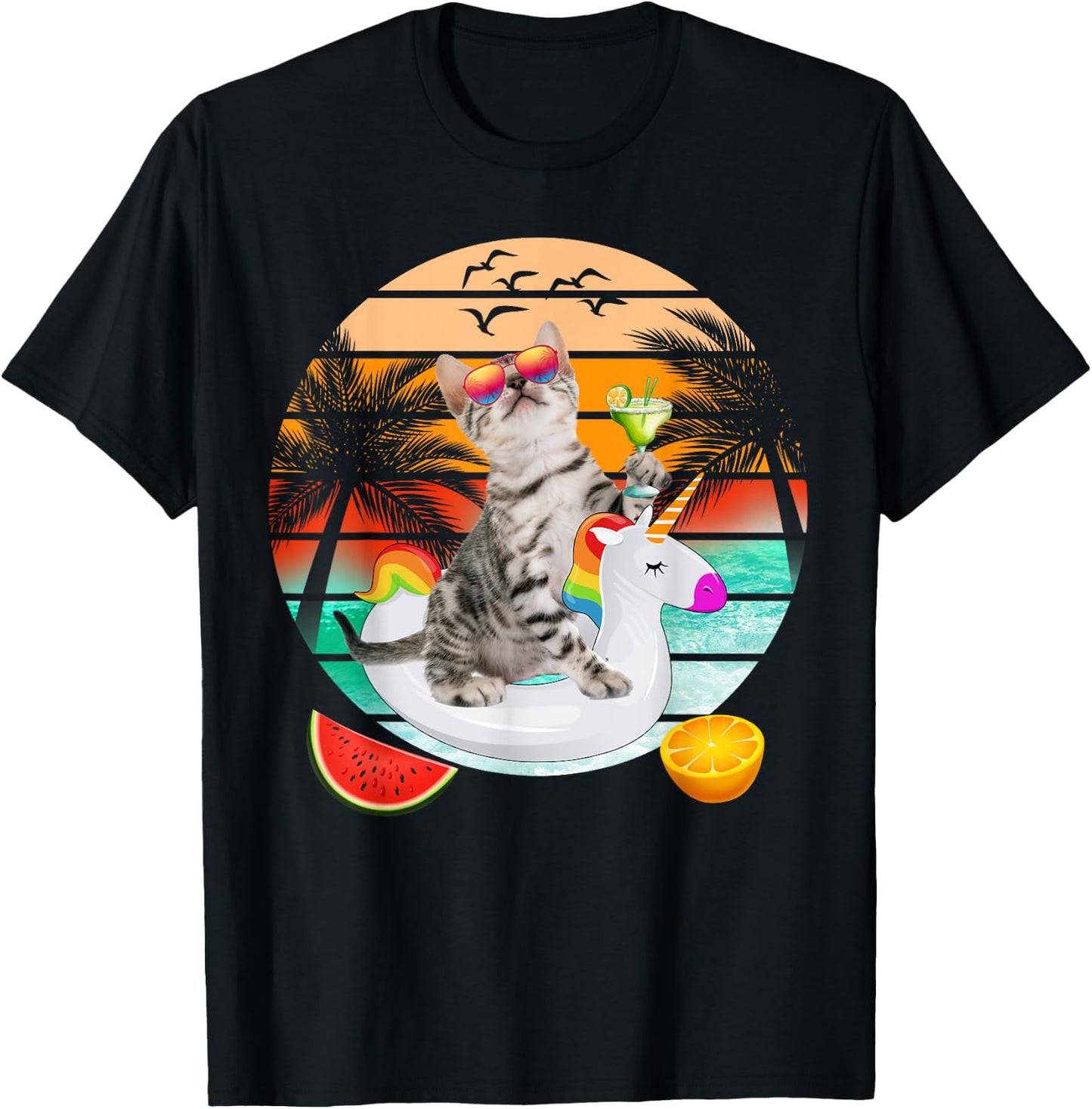 Cute Cat With Margarita & Unicorn Float Kitten Summer Vibes T-Shirt - T-Shirt | Black