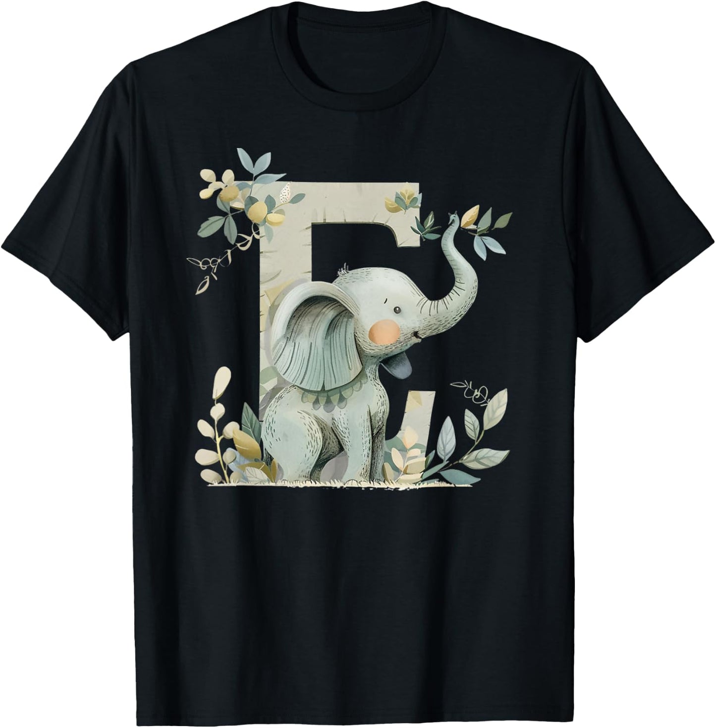 E Initial Monogram Alphabet Letter Animal Kid Boho Elephant T-Shirt - T-Shirt | Black