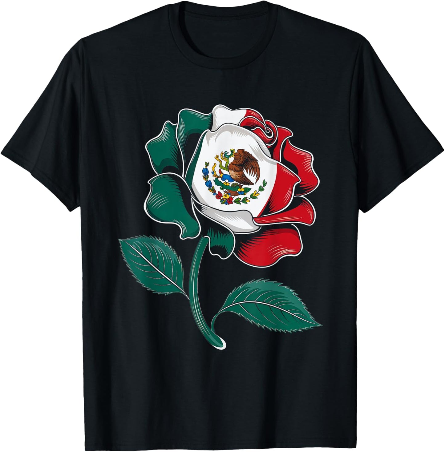 Mexico Rose Flag Design Mexican Pride Culture Love T-Shirt - T-Shirt | Black