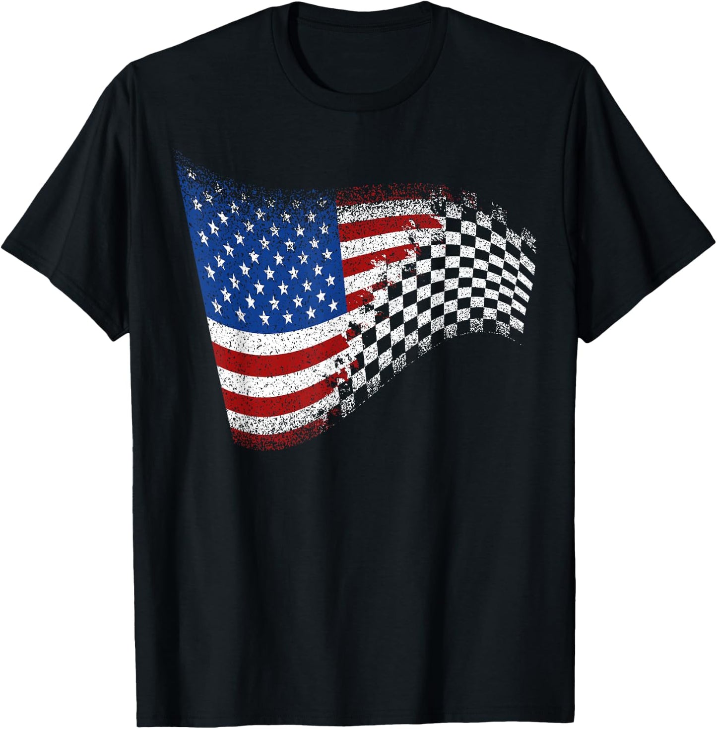 Checkered American Flag Racing T-Shirt - T-Shirt | Black