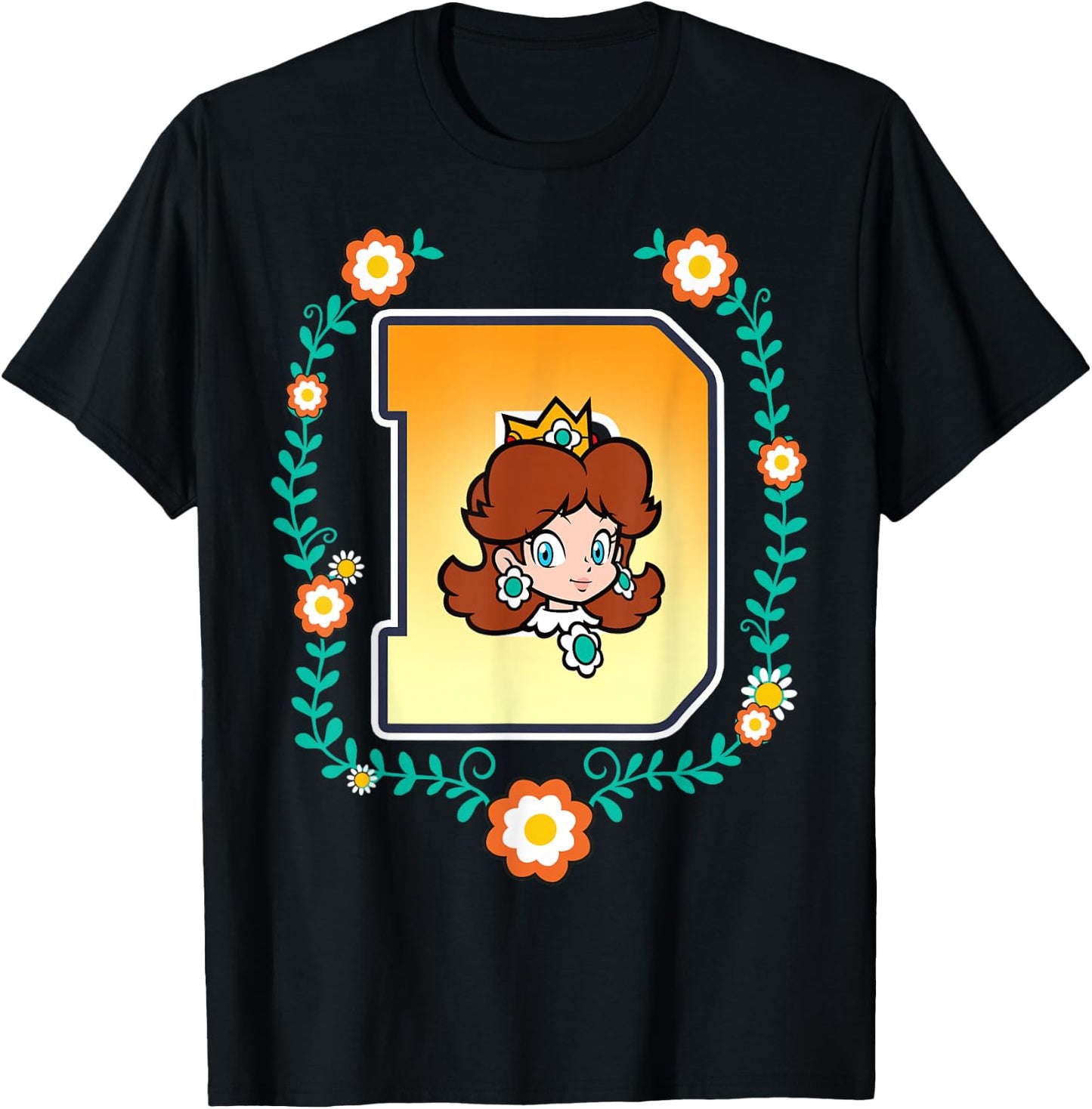Super Mario Princess Daisy University Letter Portrait Logo T-Shirt - T-Shirt | Black