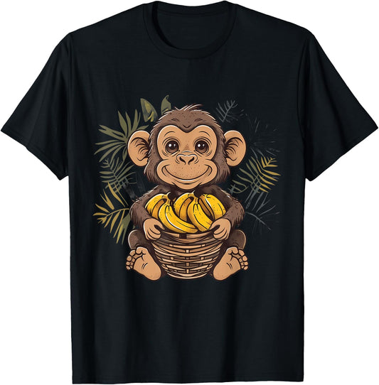 Banana Monkey Cute Monkey Animal Art Drawing Wildlife T-Shirt - T-Shirt | Black