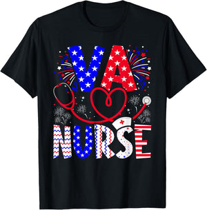 VA Nurse 4th Of July American Flag Stethoscope T-Shirt - T-Shirt | Black