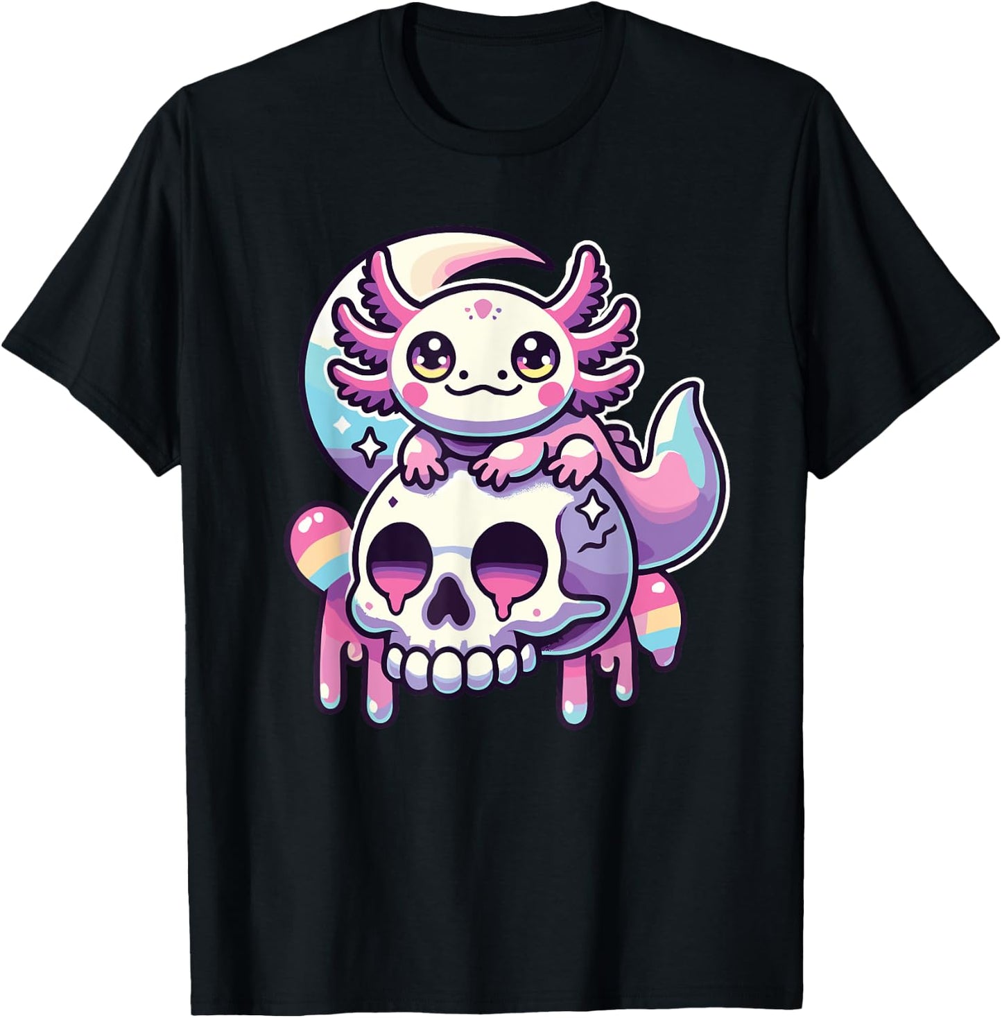 Kawaii Pastel Goth Cute Creepy Axolotl Bat Skeleton T-Shirt - T-Shirt | Black