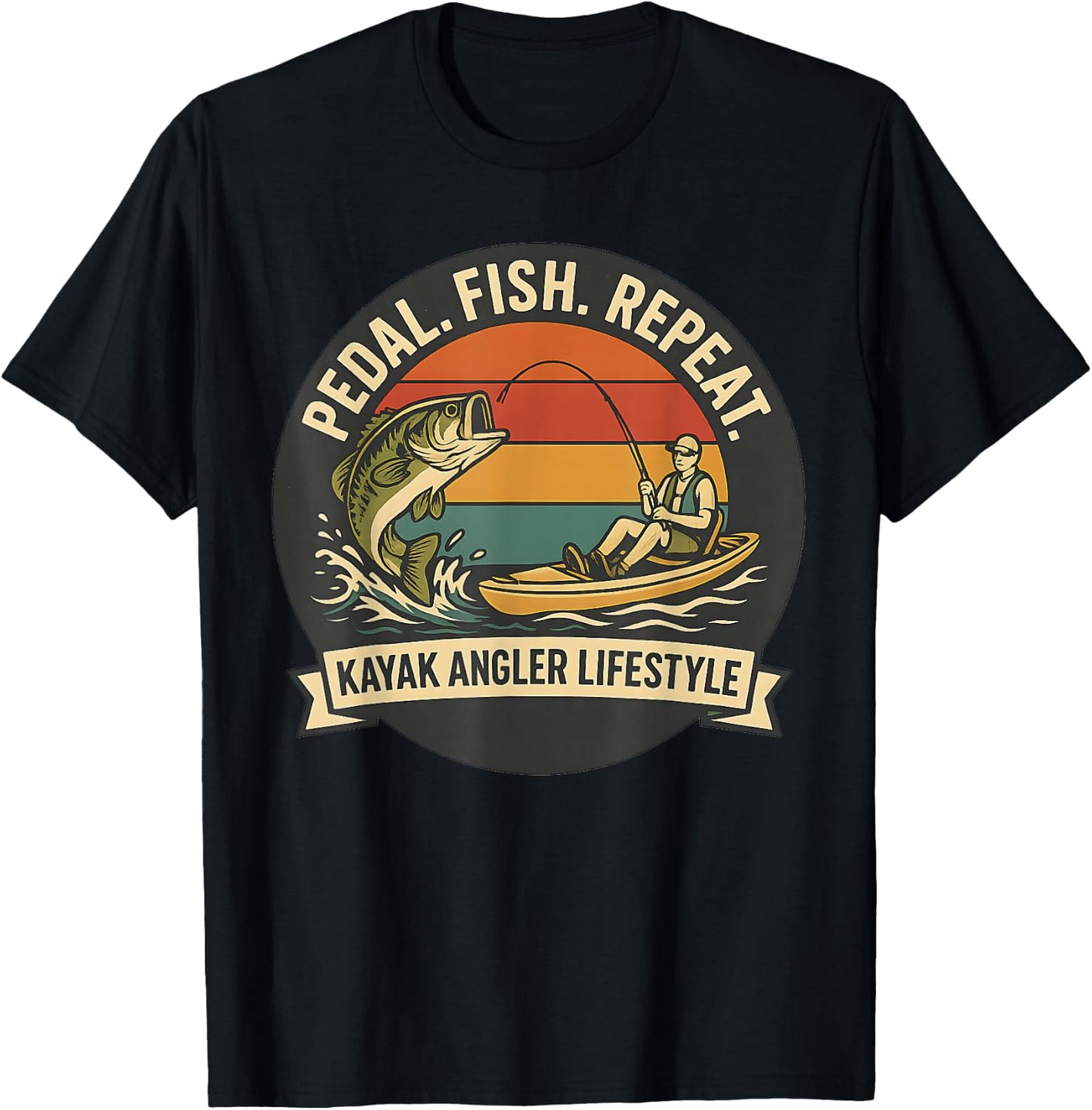 Pedal Fish Repeat Funny Kayak Fishing Design T-Shirt - T-Shirt | Black
