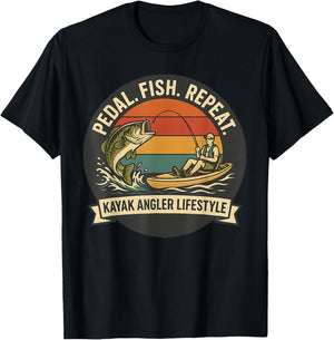 Pedal Fish Repeat Funny Kayak Fishing Design T-Shirt - T-Shirt | Black