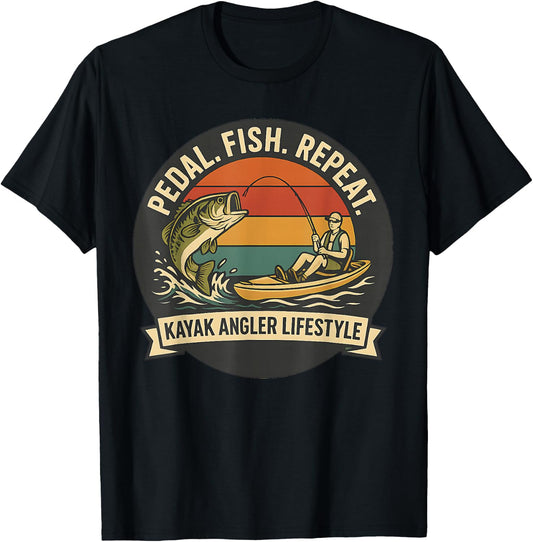Pedal Fish Repeat Funny Kayak Fishing Design T-Shirt - T-Shirt | Black