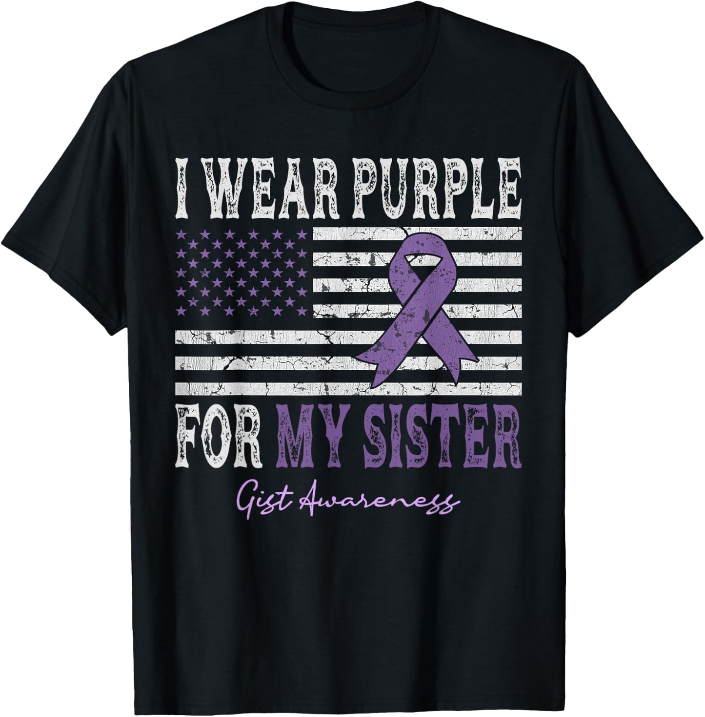 I Wear Purple For My Sister GIST Awareness American Flag Kids Men T-Shirt - T-Shirt | Black