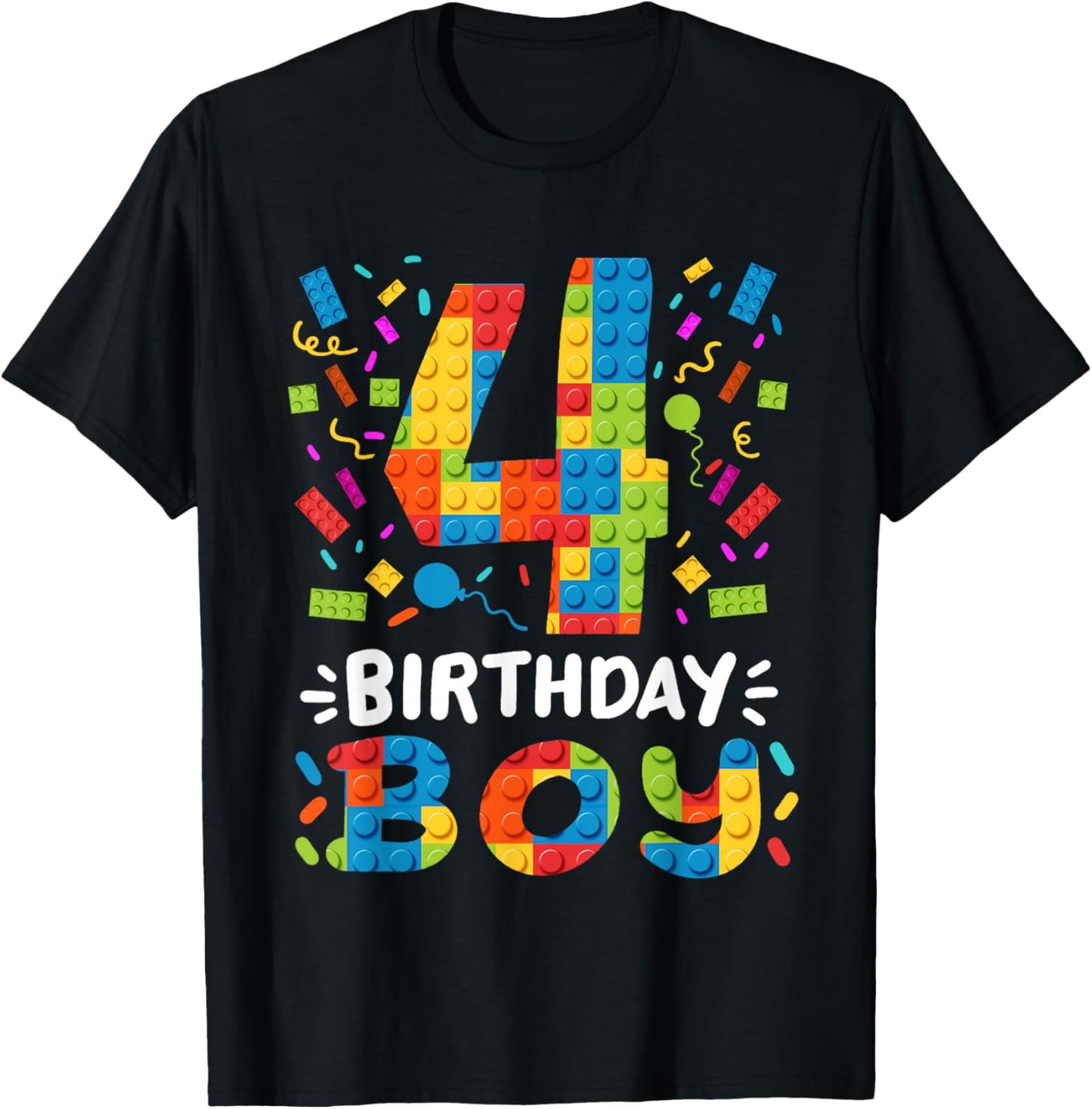 Kids 4 Years Old Building Blocks Builder 4th Birthday Boys T-Shirt - T-Shirt | Black