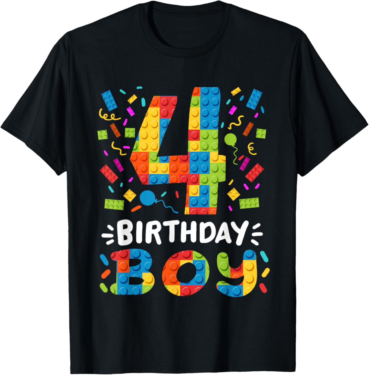Kids 4 Years Old Building Blocks Builder 4th Birthday Boys T-Shirt - T-Shirt | Black