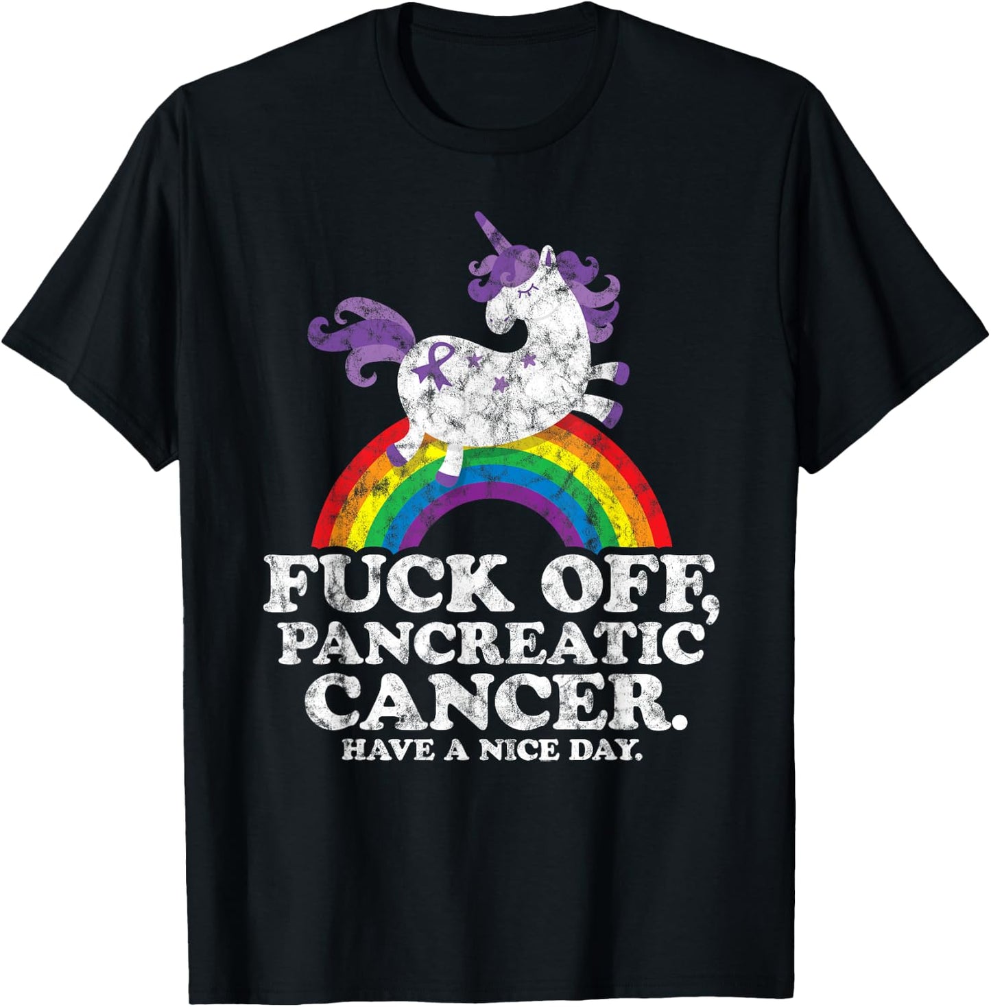 Fuck Off Pancreatic Cancer | Survivor Quote Unicorn Rainbow T-Shirt - T-Shirt | Black