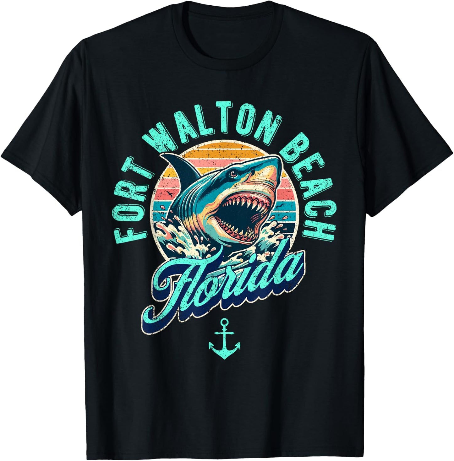 Fort Walton Beach Florida Shark Retro Distressed Design T-Shirt - T-Shirt | Black