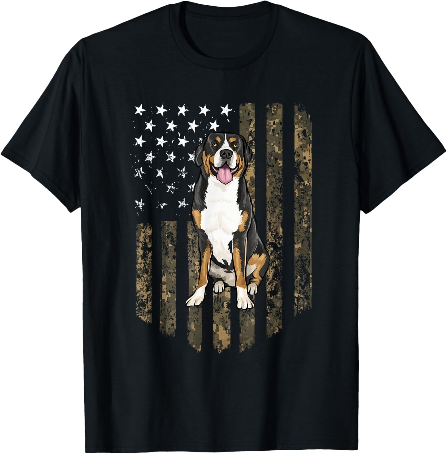 Camo American Flag Greater Swiss Mountain Dog 4th Of July T-Shirt - T-Shirt | Black