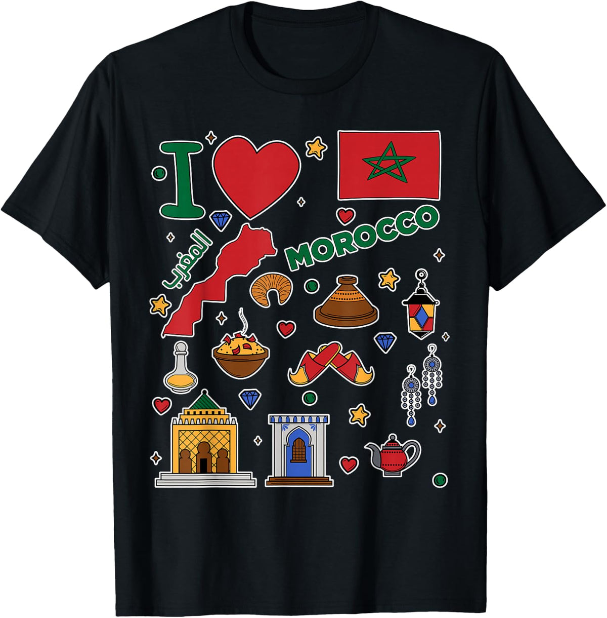 I love Morocco. Hand drawn Moroccan Landmarks, flag and map T-Shirt - T-Shirt | Black