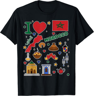 I love Morocco. Hand drawn Moroccan Landmarks, flag and map T-Shirt - T-Shirt | Black