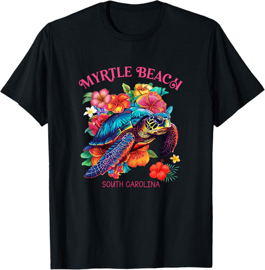 Myrtle Beach South Carolina Floral Beach Turtle Souvenir Men Women Girls Kids T-Shirt - T-Shirt | Black