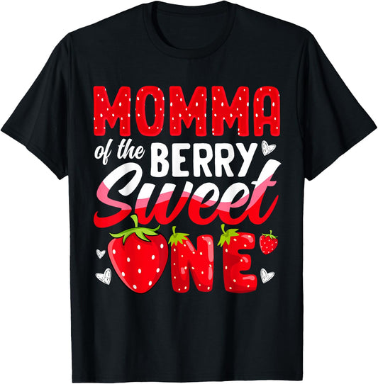 Momma Of The Berry Sweet One Strawberry 1st Birthday T-Shirt - T-Shirt | Black