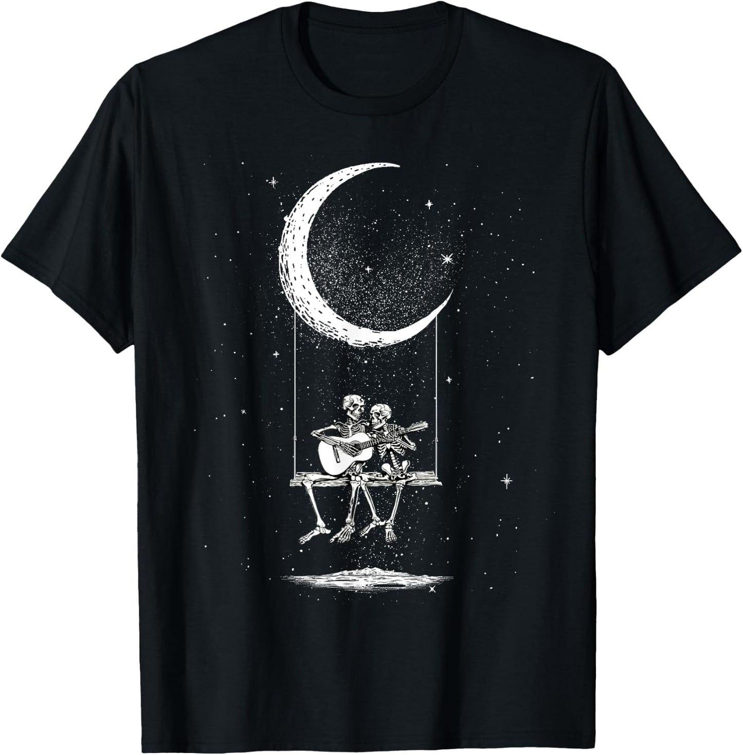 Skeleton Couple Moon Swing Guitar Lover Halloween Rock On T-Shirt - T-Shirt | Black
