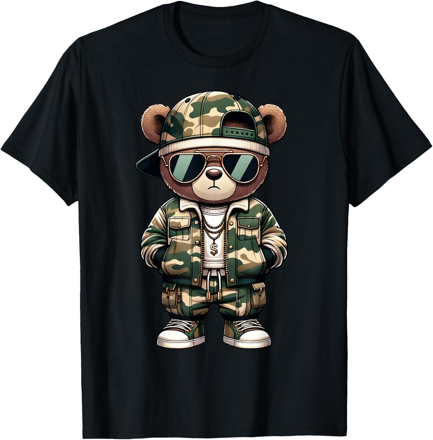 Camo Hip Hop Teddy Bear Camouflage Gangsta Streetwear Hustle T-Shirt - T-Shirt | Black
