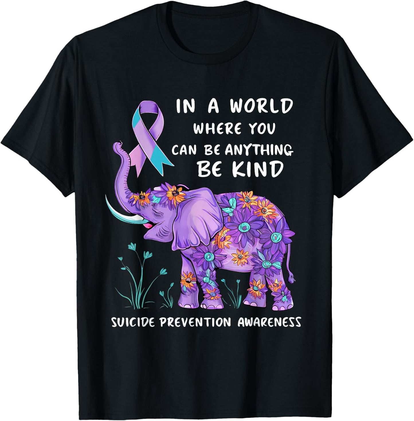 Suicide Prevention Awareness Elephant Teal & Purple Ribbon T-Shirt - T-Shirt | Black