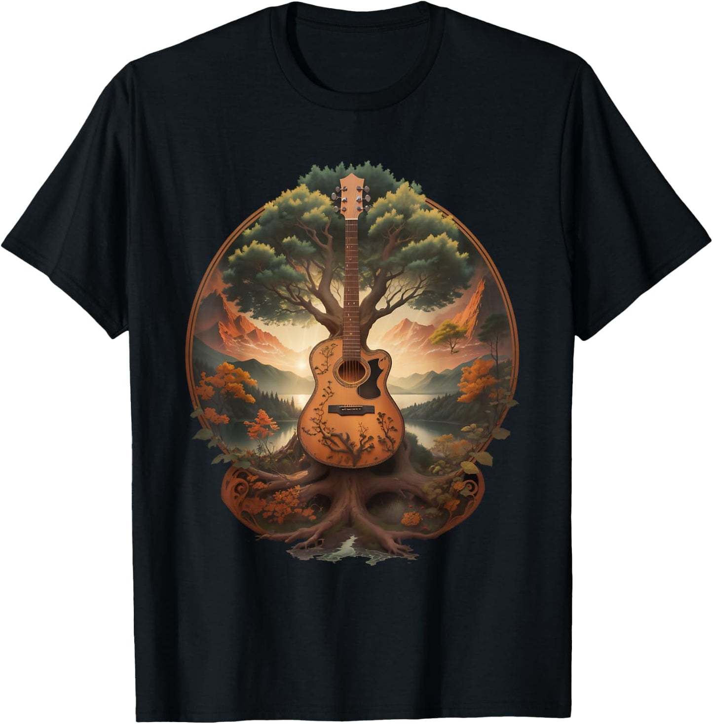 Tree of Life Acoustic Guitar by The Lake T-Shirt - T-Shirt | Black
