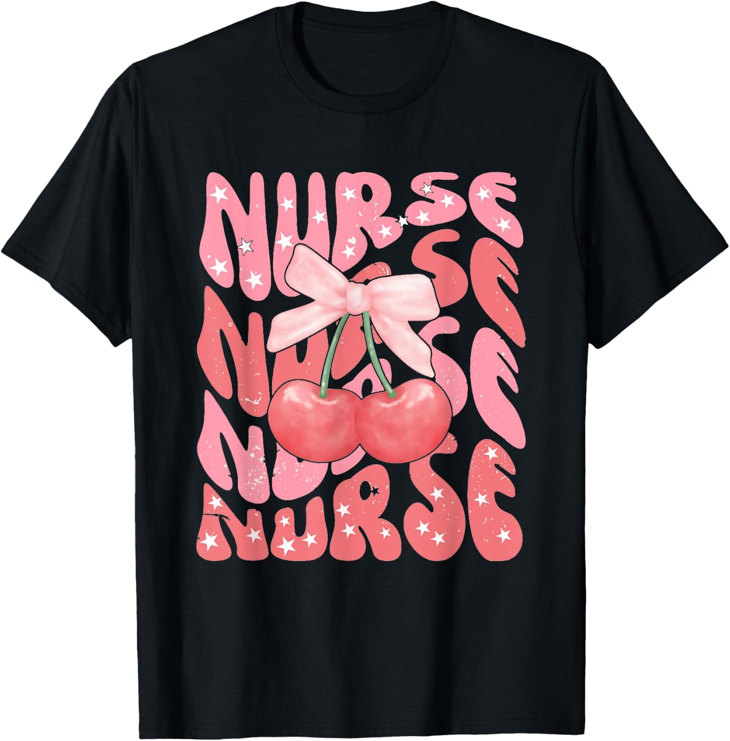 Cute Cherry Coquette Nurse Pink Bow Girlcore Nurse ICU ER RN T-Shirt - T-Shirt | Black
