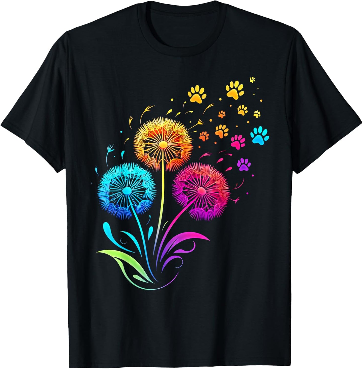 Cute Dog Paw Sunflower Dandelion Colorful Flowers Dog Paw T-Shirt - T-Shirt | Black