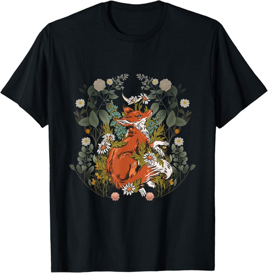 Fox Cottagecore Aesthetic Shirt Vintage Garden Flower Lover T-Shirt - T-Shirt | Black