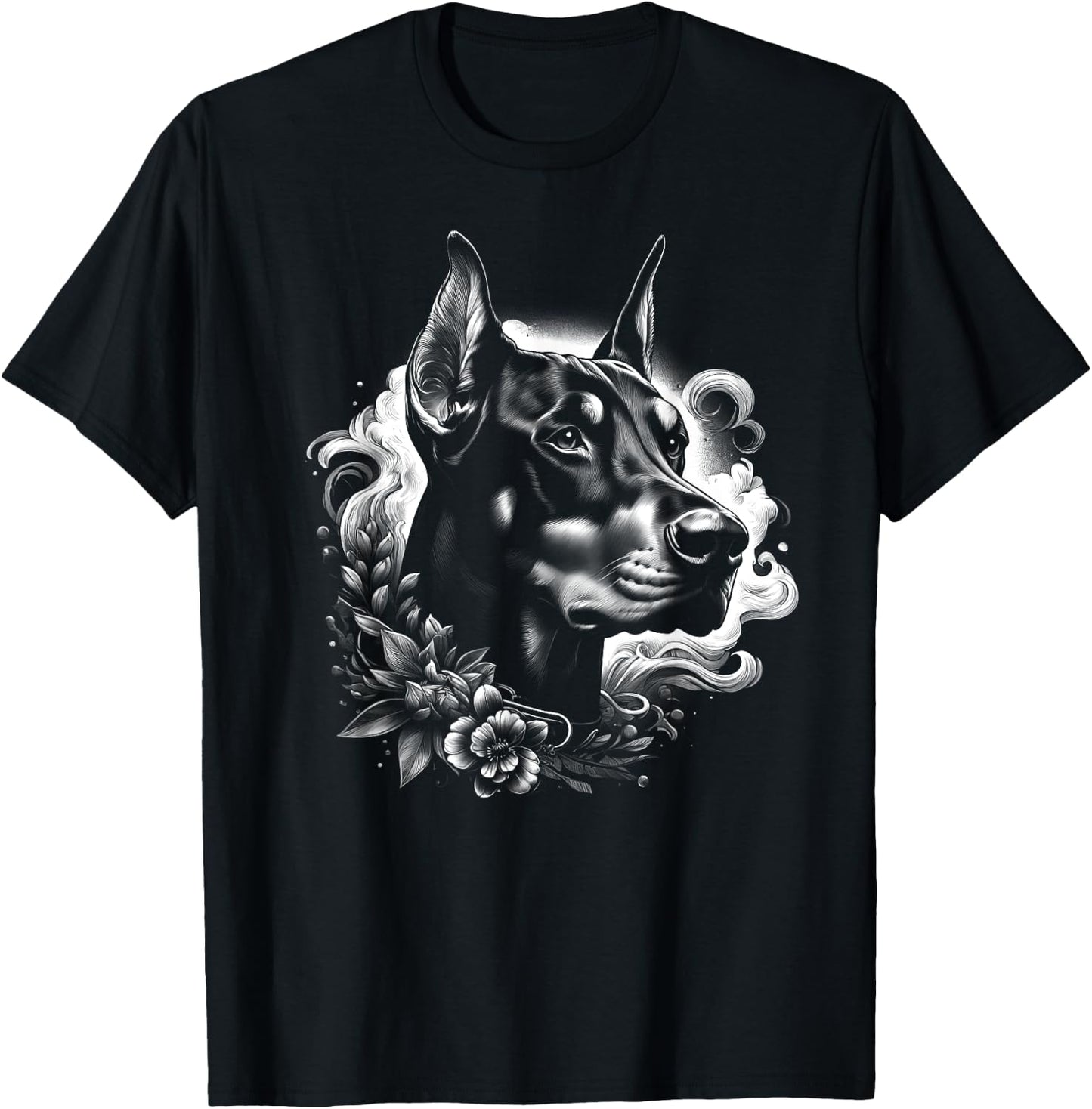 Cool Doberman Portrait with Flowers Decoration T-Shirt - T-Shirt | Black
