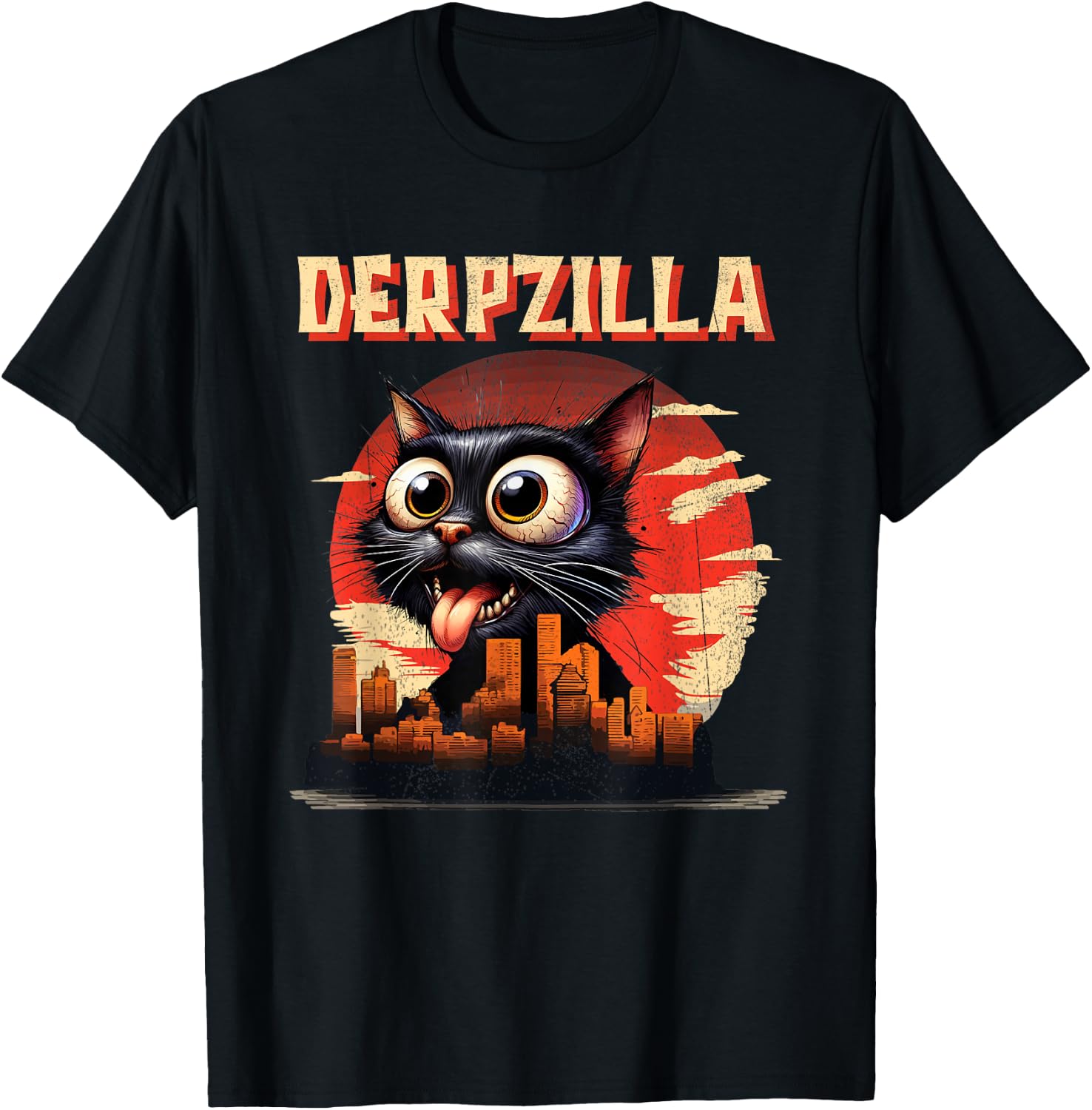 Derpzilla Funny Derpy Giant Cat Kitten City Skyline T-Shirt - T-Shirt | Black