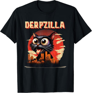 Derpzilla Funny Derpy Giant Cat Kitten City Skyline T-Shirt - T-Shirt | Black