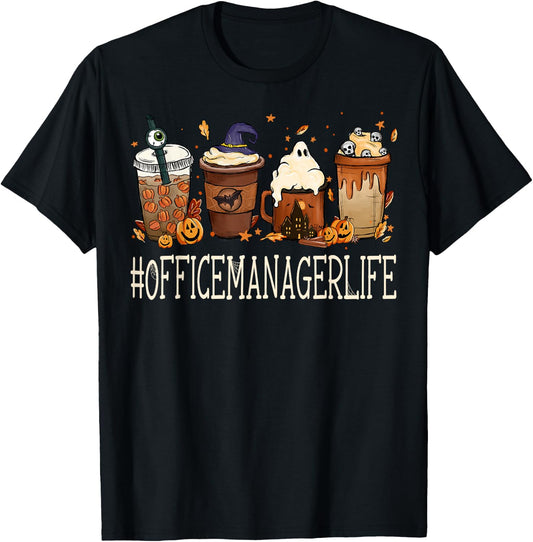 Office Manager Horror Fall Coffee Spooky Halloween Pumpkin T-Shirt - T-Shirt | Black