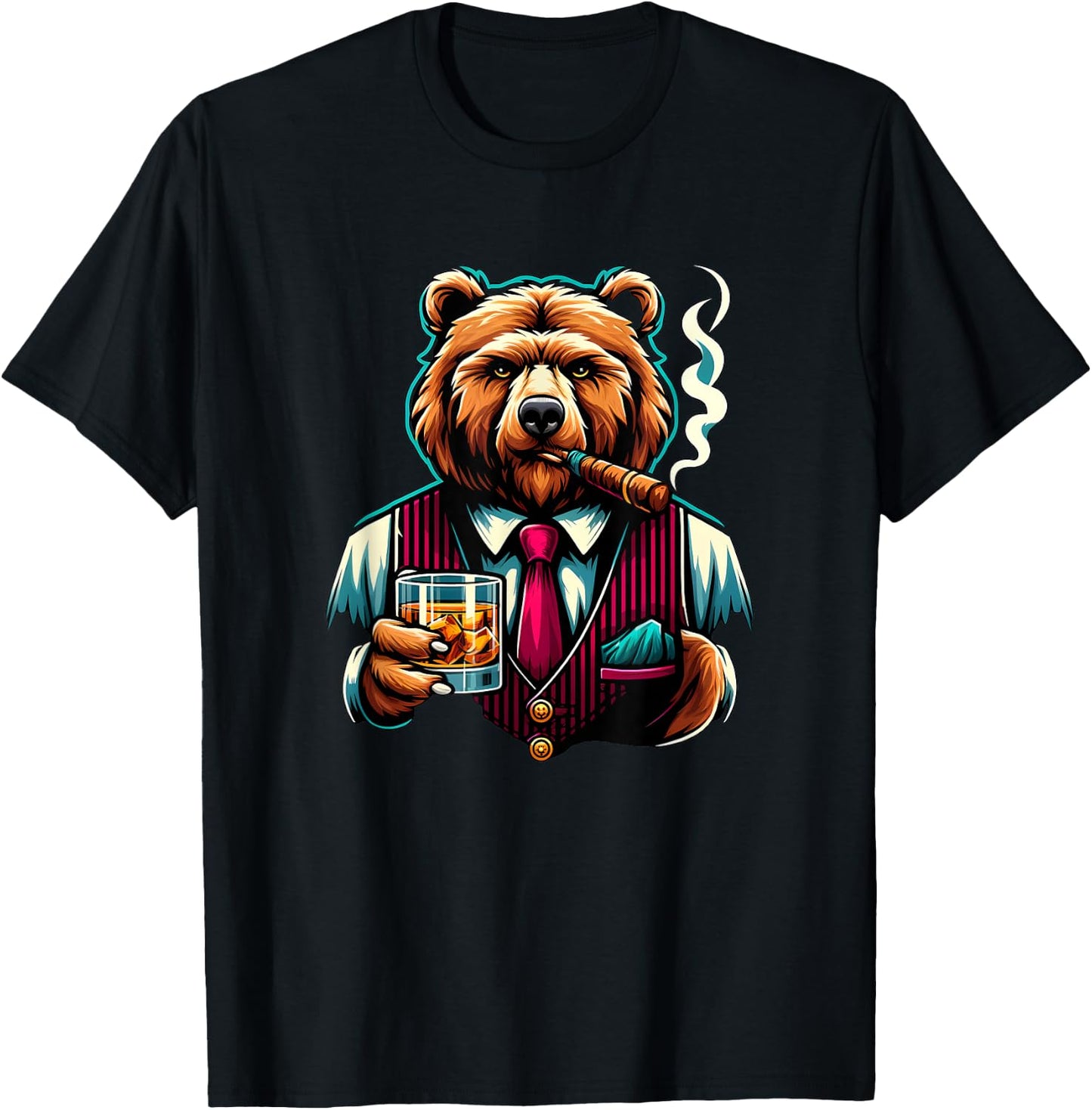 Grizzly Bear Cigar And Whiskey T-Shirt - T-Shirt | Black