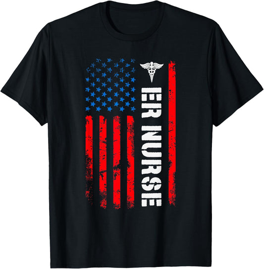 Patriotic ER Nurse Shirt Retro American Flag 4th of July RN T-Shirt - T-Shirt | Black