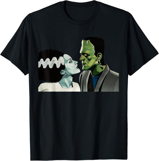 Frankenstein Monster & Bride Halloween Romantic Kiss Scene T-Shirt - T-Shirt | Black