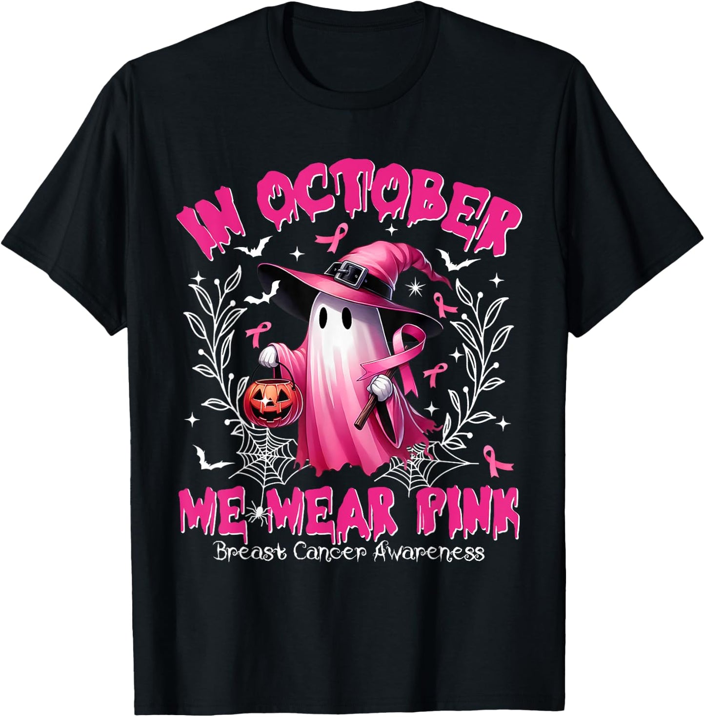 In October We Wear Pink Ghost Witch Breast Cancer Awareness T-Shirt - T-Shirt | Black